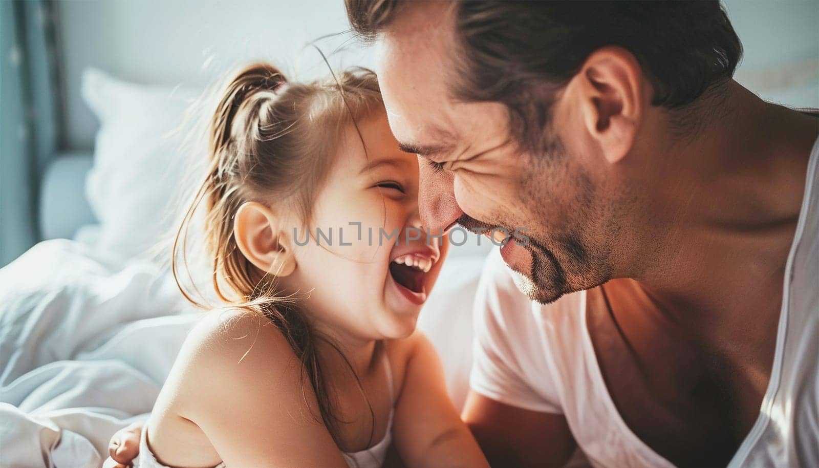 Happy Loving Family. Dad hugging his little daughter and laughing. Dad and child having fun together in white bedroom. I love you dad,Fathers Day,family concept beauty