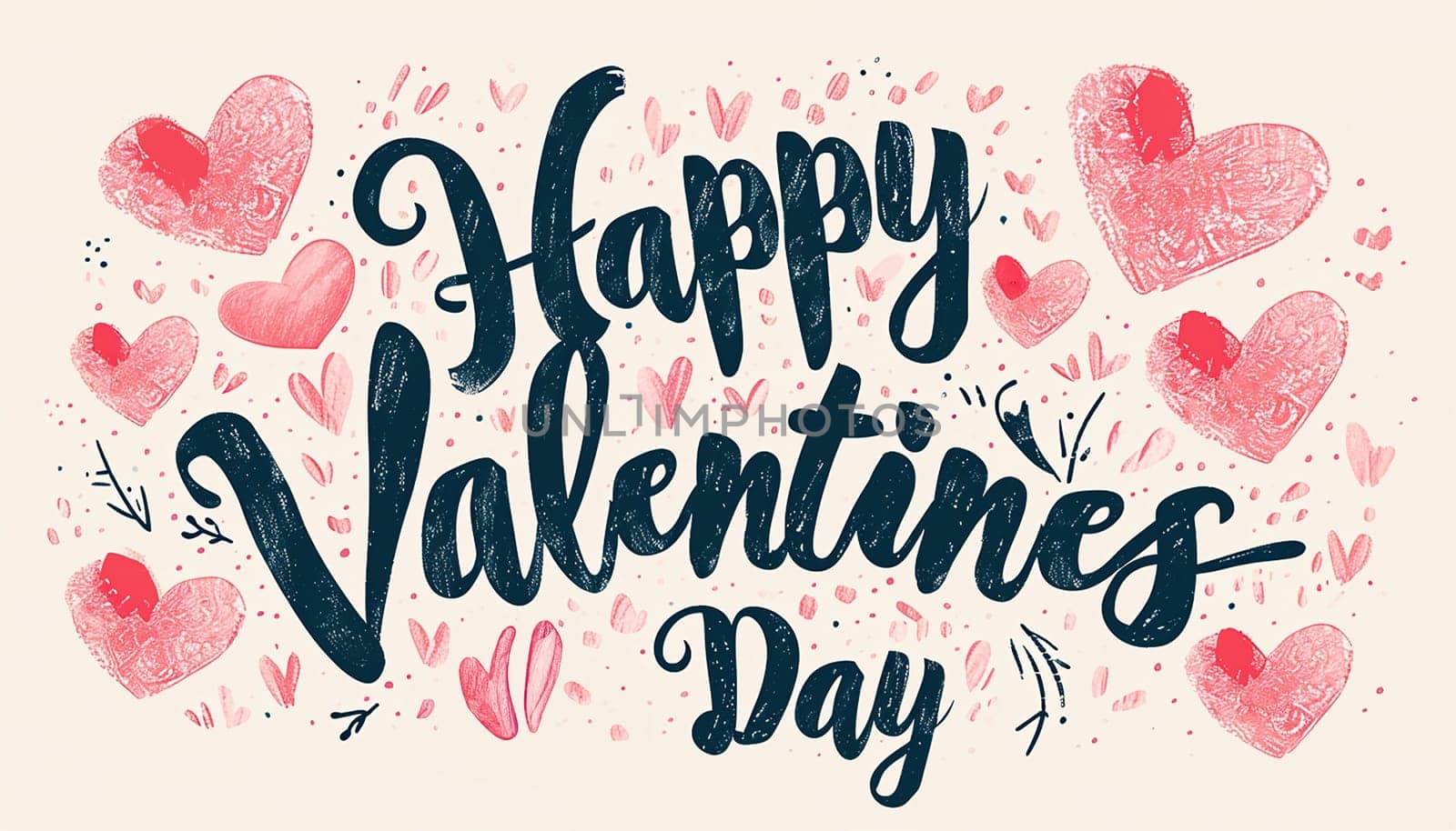 Valentine's greeting background design. Happy valentine's day text with elegant hearts decoration for valentine card. illustration. Pink colorful hearts flat lay against white background.