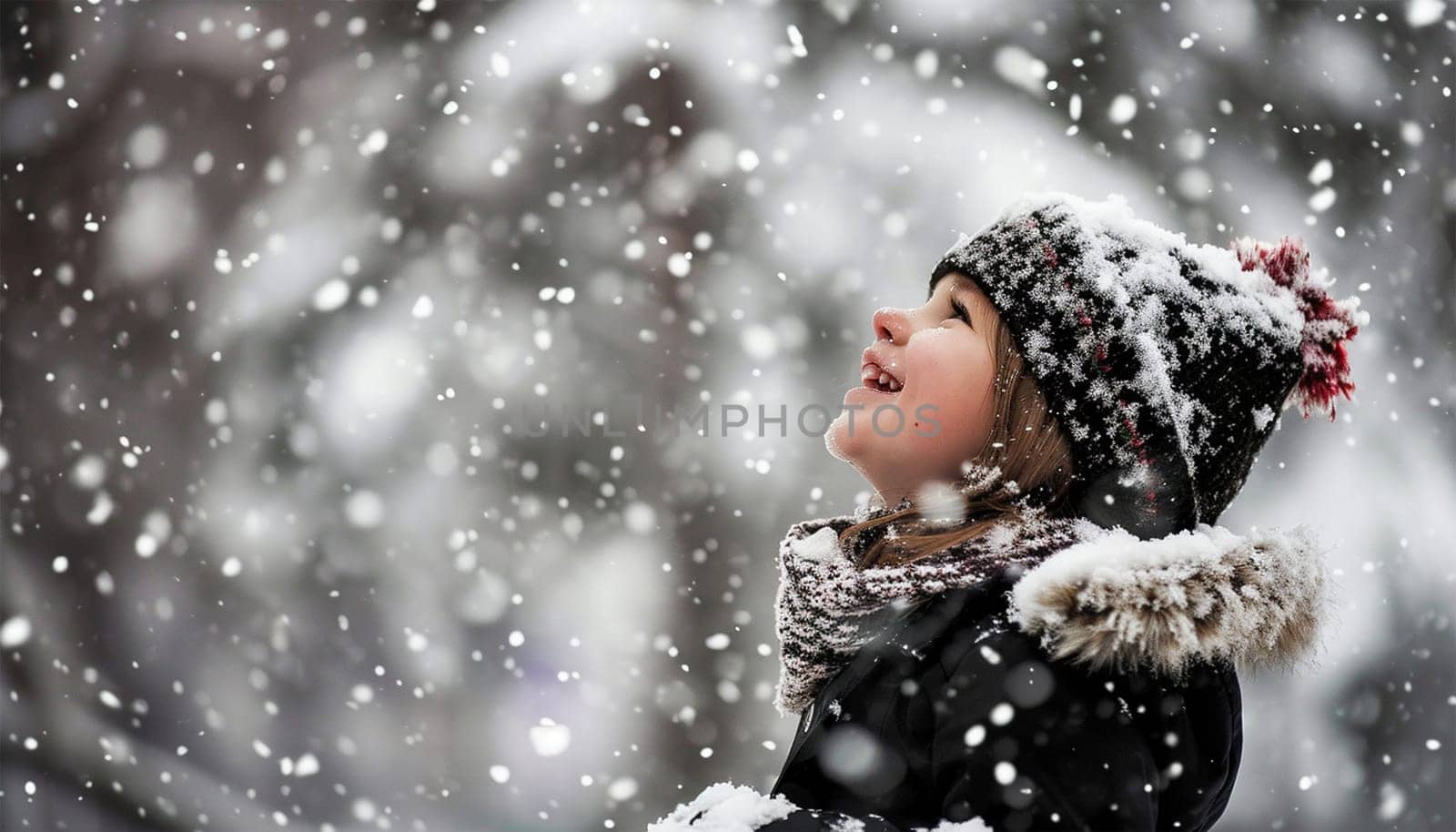 Winter concept. Child having fun in snow fall. winter clothes walks during a snowfall. Outdoors winter activities for kids. Cute child wearing a warm hat low over his eyes catching snowflakes cute