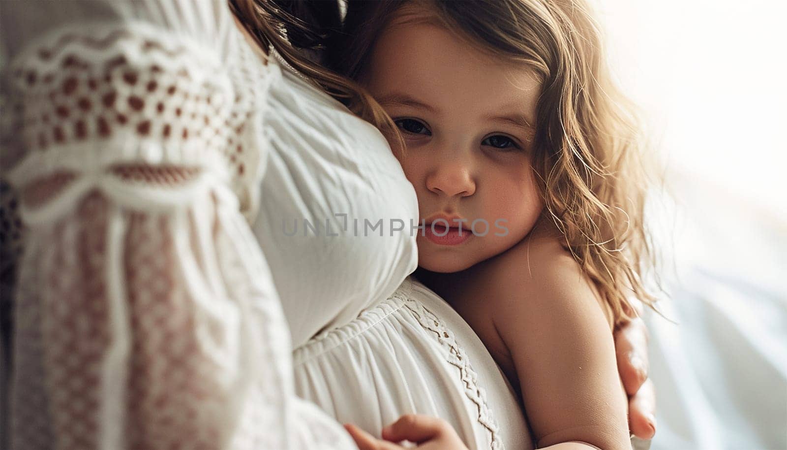 Woman standing and cute child touching with hands her big belly. Emotional loving pregnancy time 37 weeks. Baby expectation. Love, happiness and safety concept. Closeup. Happy family embrace