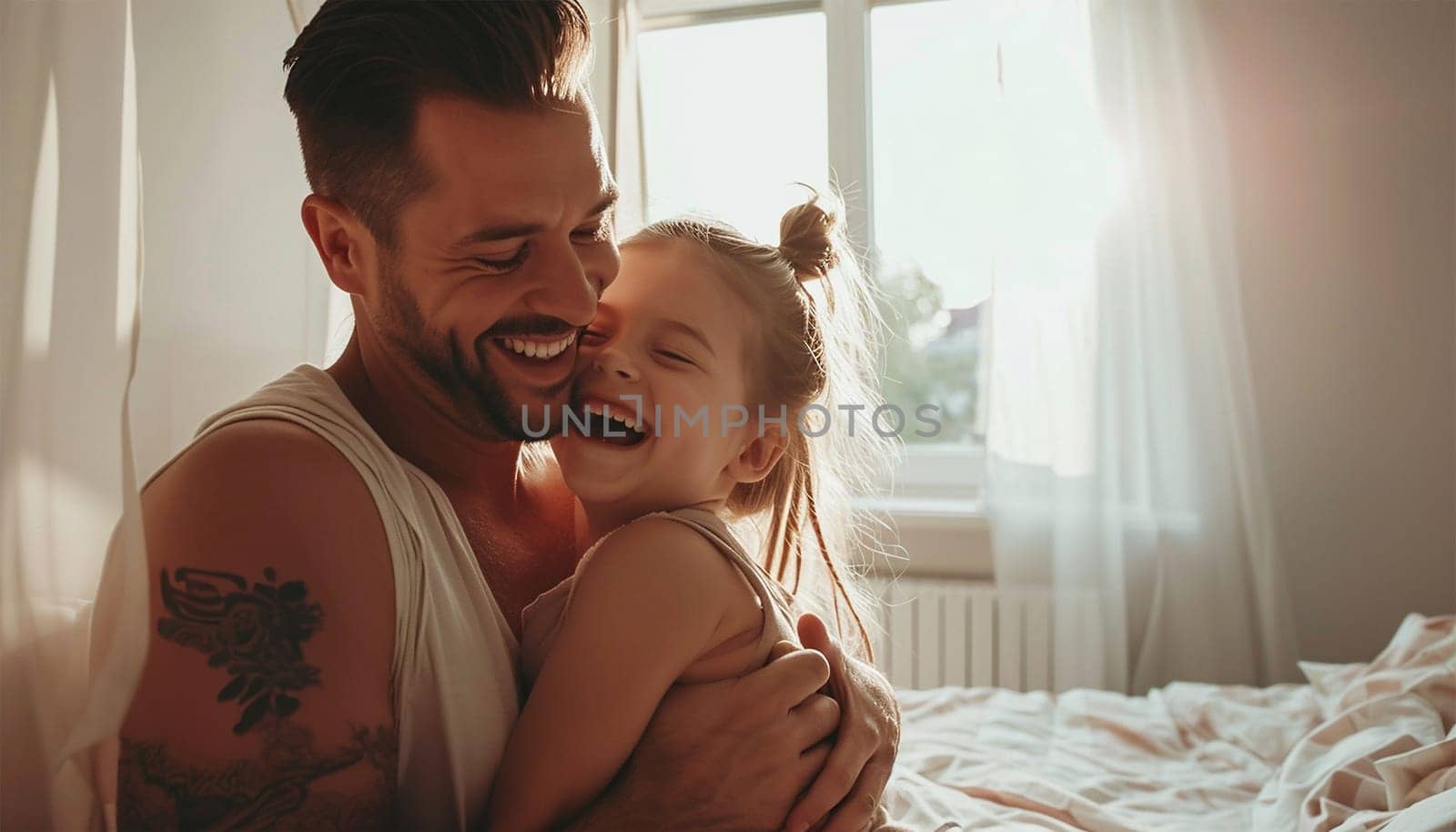 Happy Loving Family. Dad hugging his little daughter and laughing. Dad and child having fun together in white bedroom. I love you dad,Fathers Day,family concept beauty