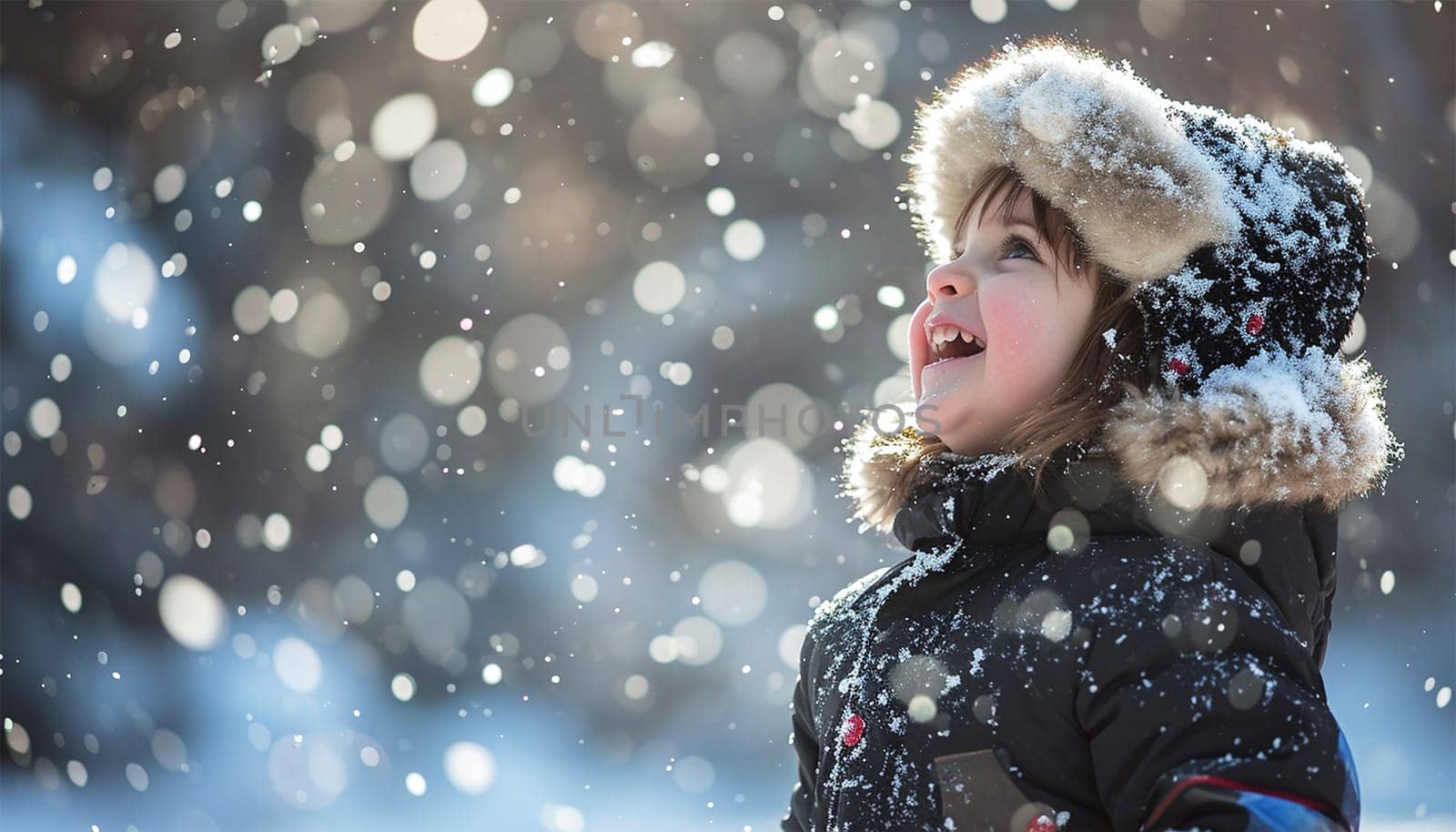 Winter concept. Child having fun in snow fall. winter clothes walks during a snowfall. Outdoors winter activities for kids. Cute child wearing a warm hat low over his eyes catching snowflakes cute