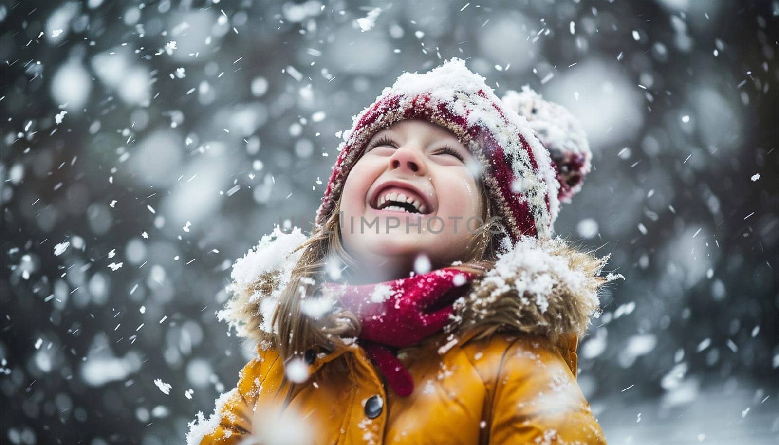Winter concept. Child having fun in snow fall. winter clothes walks during a snowfall. Outdoors winter activities for kids. Cute child wearing a warm hat low over his eyes catching snowflakes cute