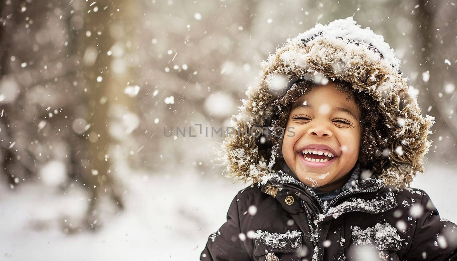 Winter concept. Child having fun in snow fall. winter clothes walks during a snowfall. Outdoors winter activities for kids. Cute child wearing a warm hat low over his eyes catching snowflakes cute