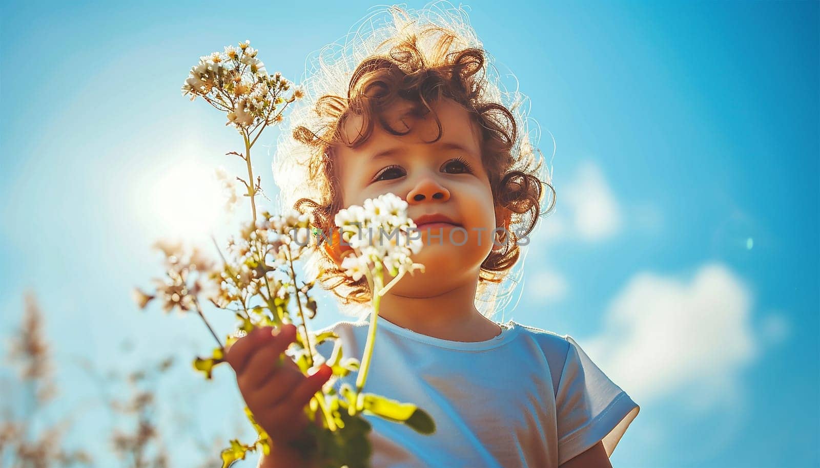 Child picking wild flowers in field. Kids play in a meadow and pick flower bouquet for mother on summer day. Children playing on a farm. Toddler girl outdoors in spring. Family vacation in the country Sunny bright sky Cute