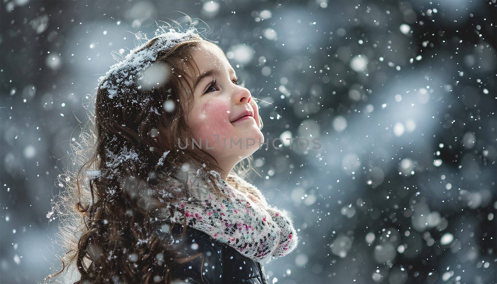Winter concept. Child having fun in snow fall. winter clothes walks during a snowfall. Outdoors winter activities for kids. Cute child wearing a warm hat low over his eyes catching snowflakes cute