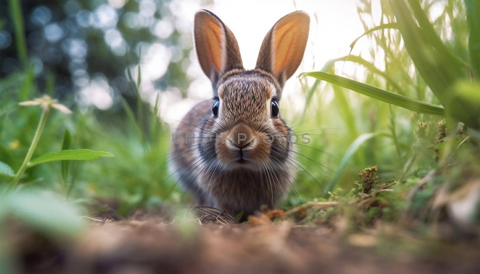 healthy Lovely bunny Easter fluffy brown rabbits, Adorable baby rabbit on green garden nature background. The Easter brown hares. Close - up of a rabbit. Symbol of Easter festival animal. in green grass