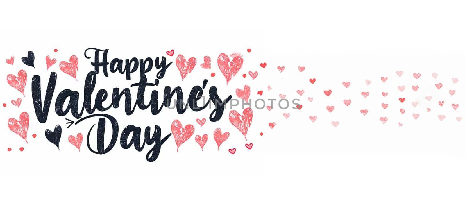 Valentine's greeting background design. Happy valentine's day text with elegant hearts decoration for valentine card. illustration. Pink colorful hearts flat lay against white background.