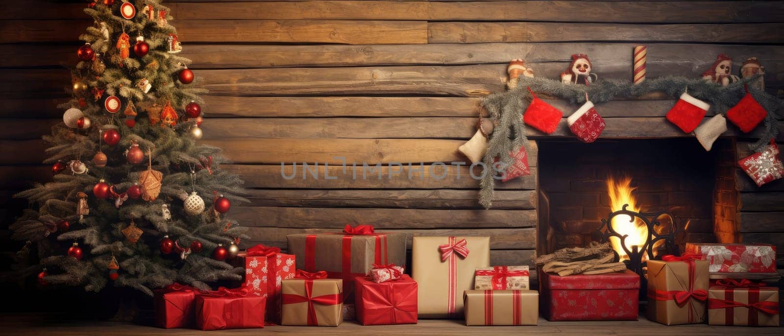 Experience the joy of the holiday season with a beautifully decorated Christmas tree adorned with presents, perfectly positioned in front of a cozy fireplace.