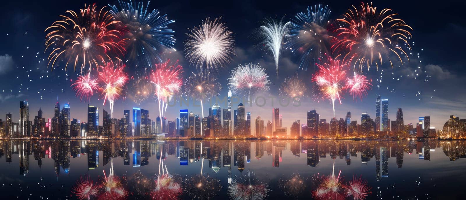 A spectacular display of fireworks light up the night sky over a bustling city.