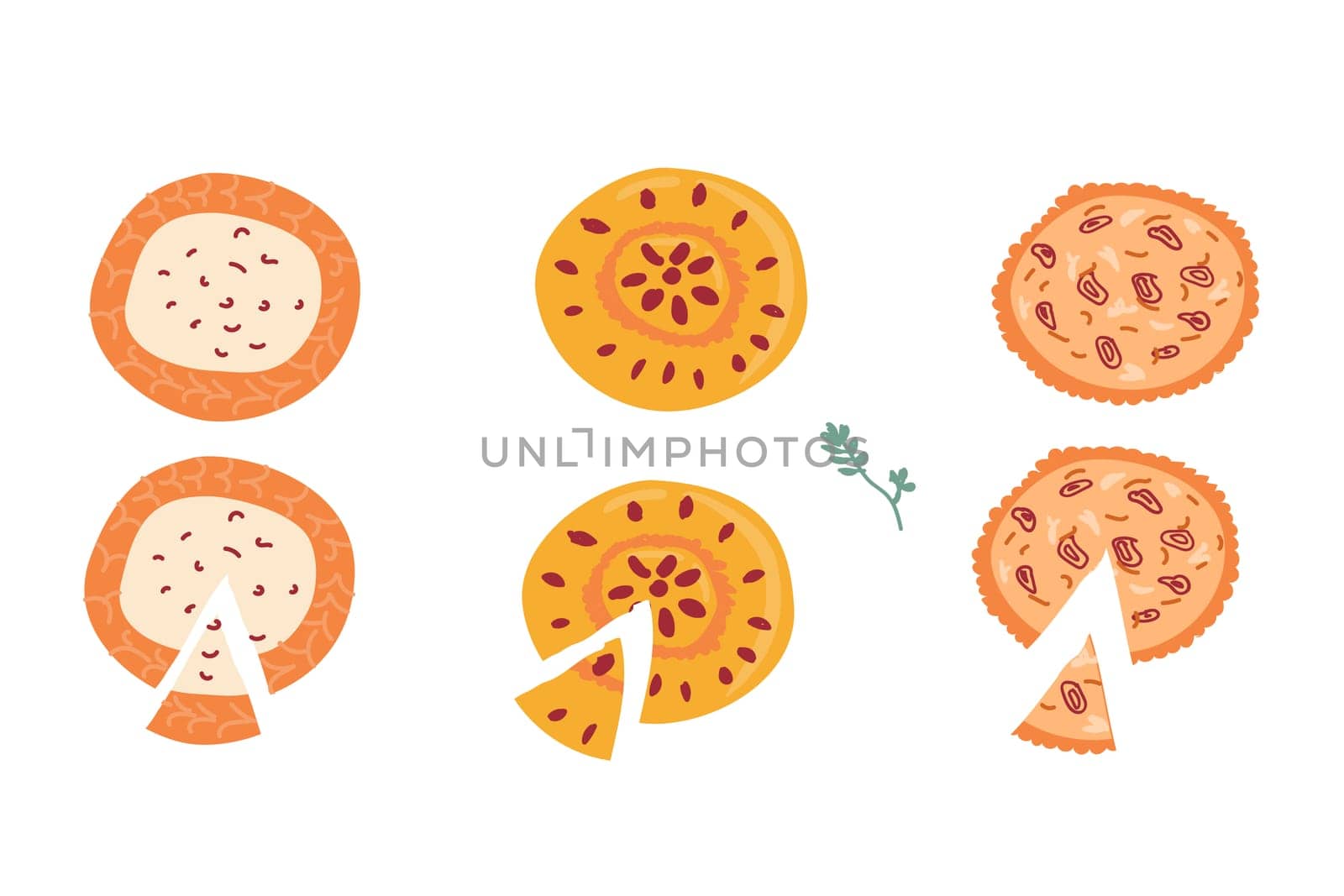 Hand drawn pie set with cheesecake, onion pie and berry pie. Vector illustration isolated. Set of pie with cream cheese product, onion and cheese, berry fruit feeling.