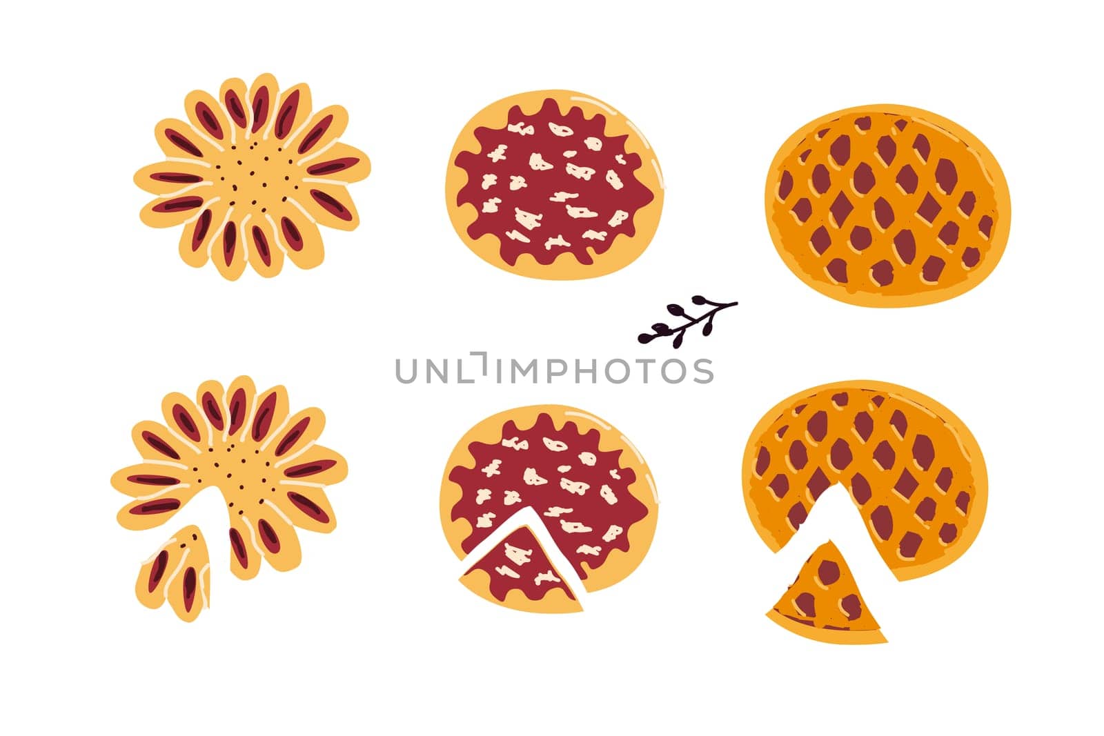 Hand drawn fruit and berry pie set with filling and lattice. Vector illustration isolated. Can used for celebration banner, label, greeting card.