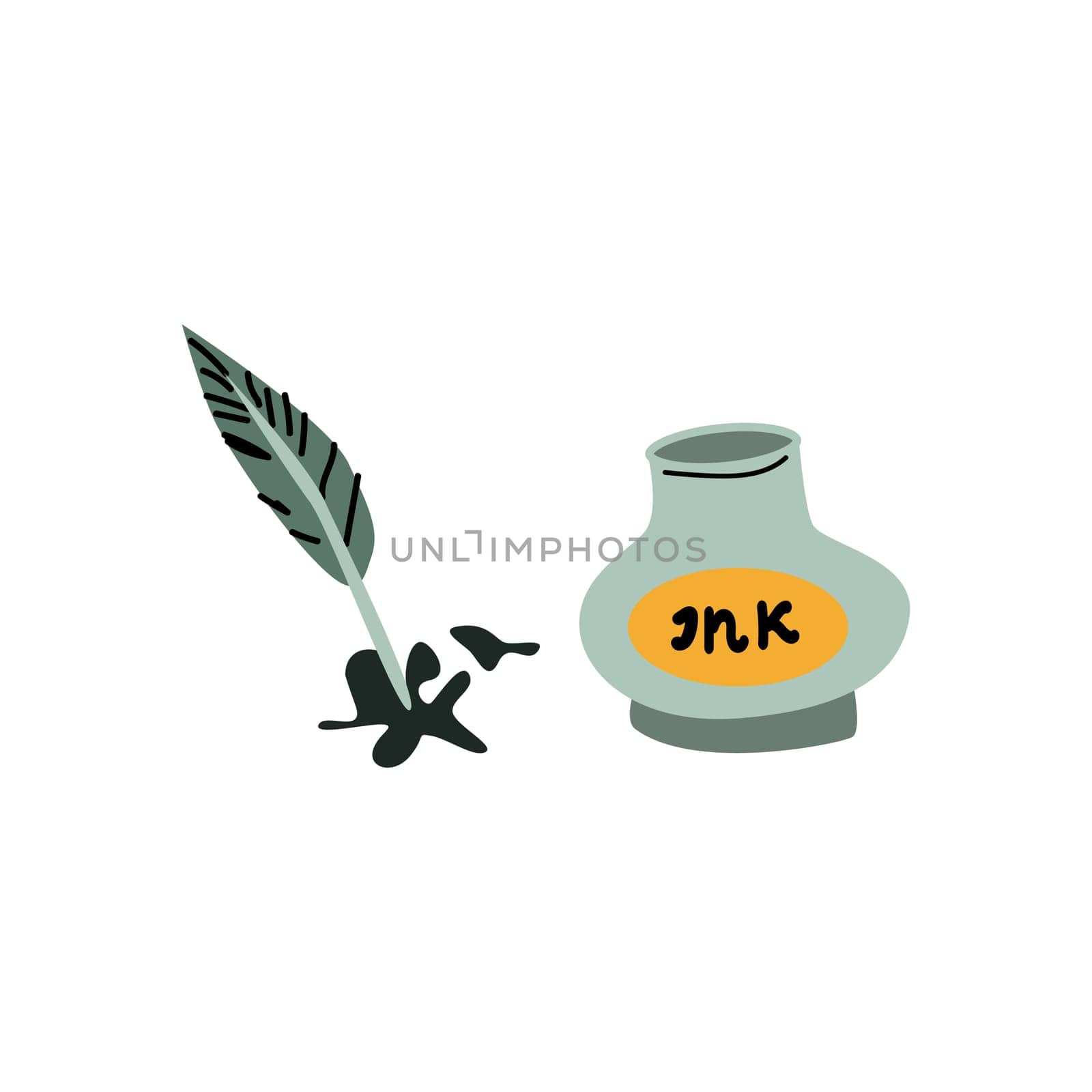 ink and feather - writing tool with spot. Can used for author, poetry concept. Vector illustration isolated. Retro vintage style. Can used for world writer, poetry day banner.