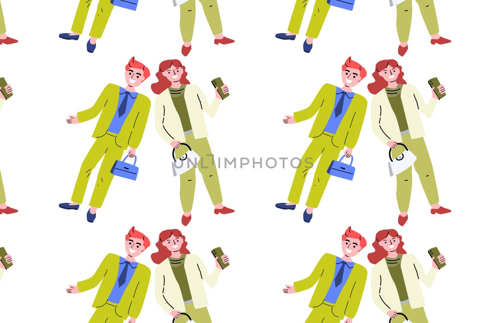 Seamless pattern of people. Man and woman are standing with suitcase. Smiling happy man, woman. Businessman, businesswoman. People in business and sports casual wear. Vector illustration