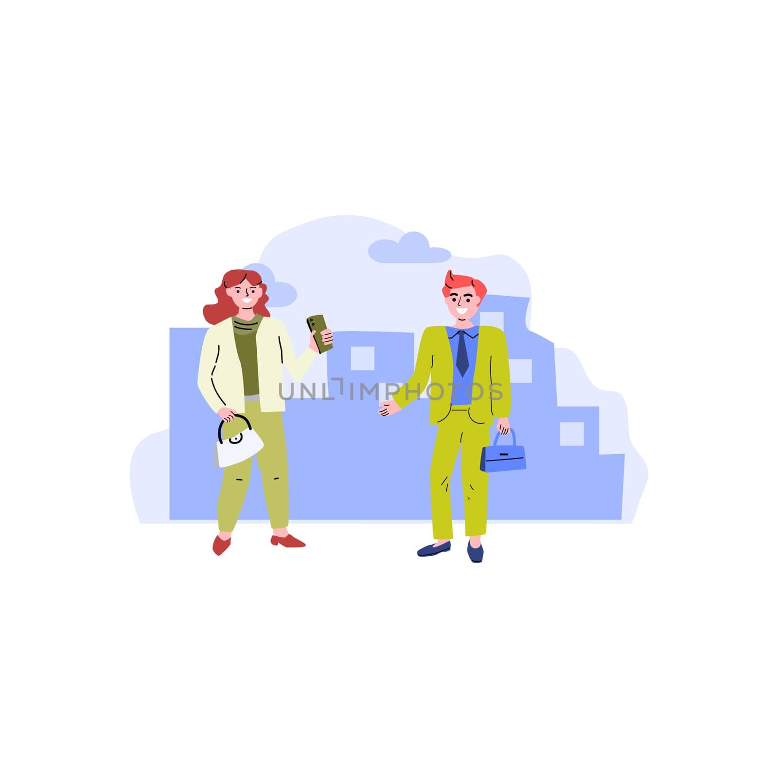 business meeting in city of young woman and man. Vector illustration isolated.