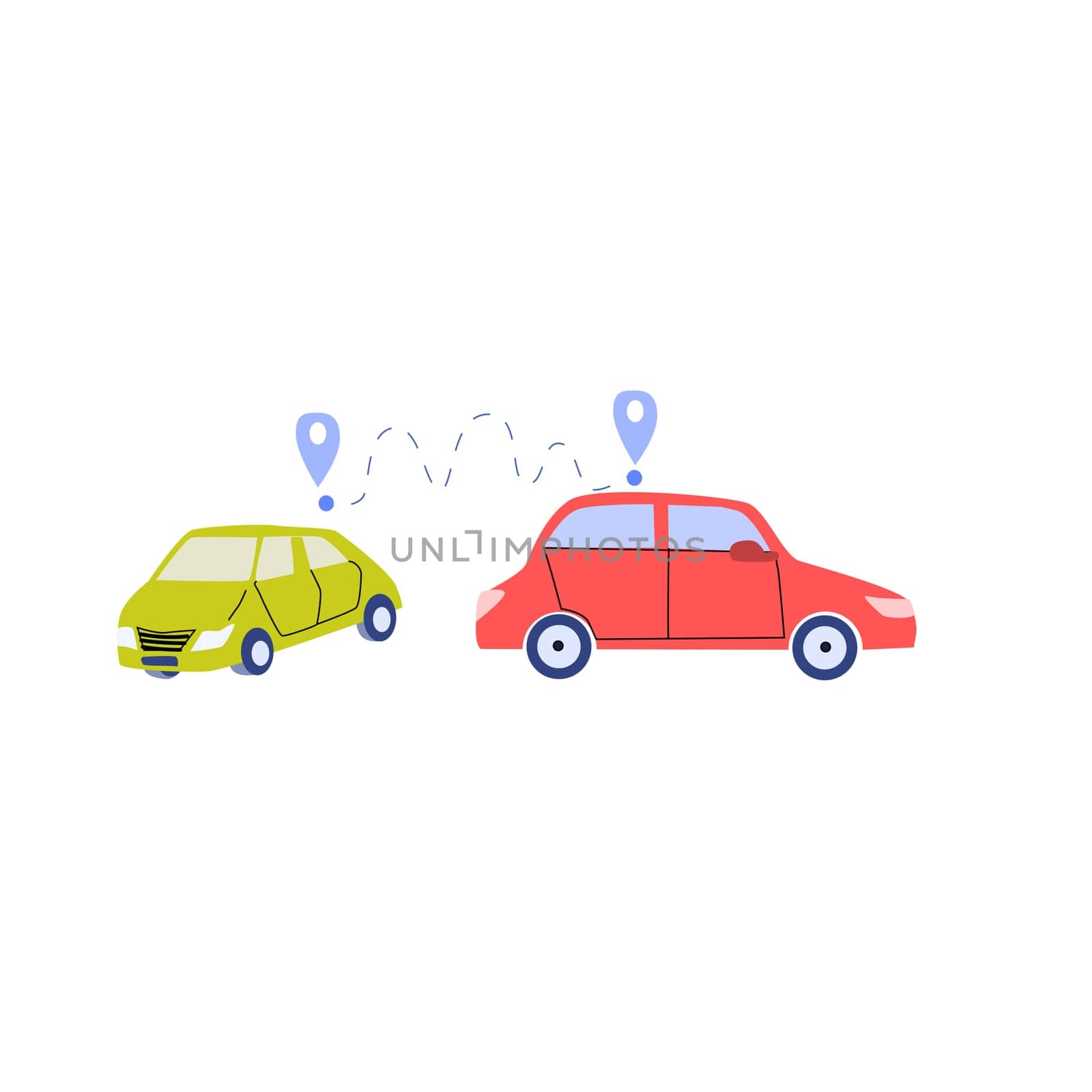 vector of cars and navigation pins. Vector illustration isolated.
