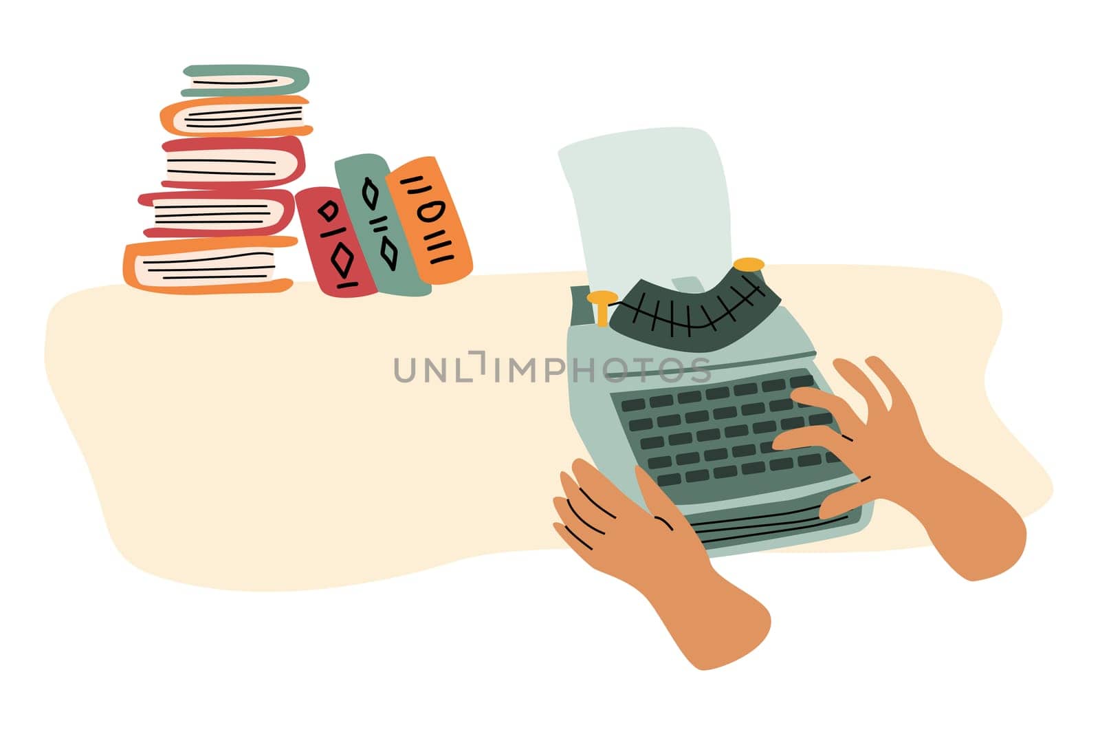 human hand writing on typewrite and books background. Vector illustration isolated. Retro vintage style. Can used for world writer. copywriter day banner.