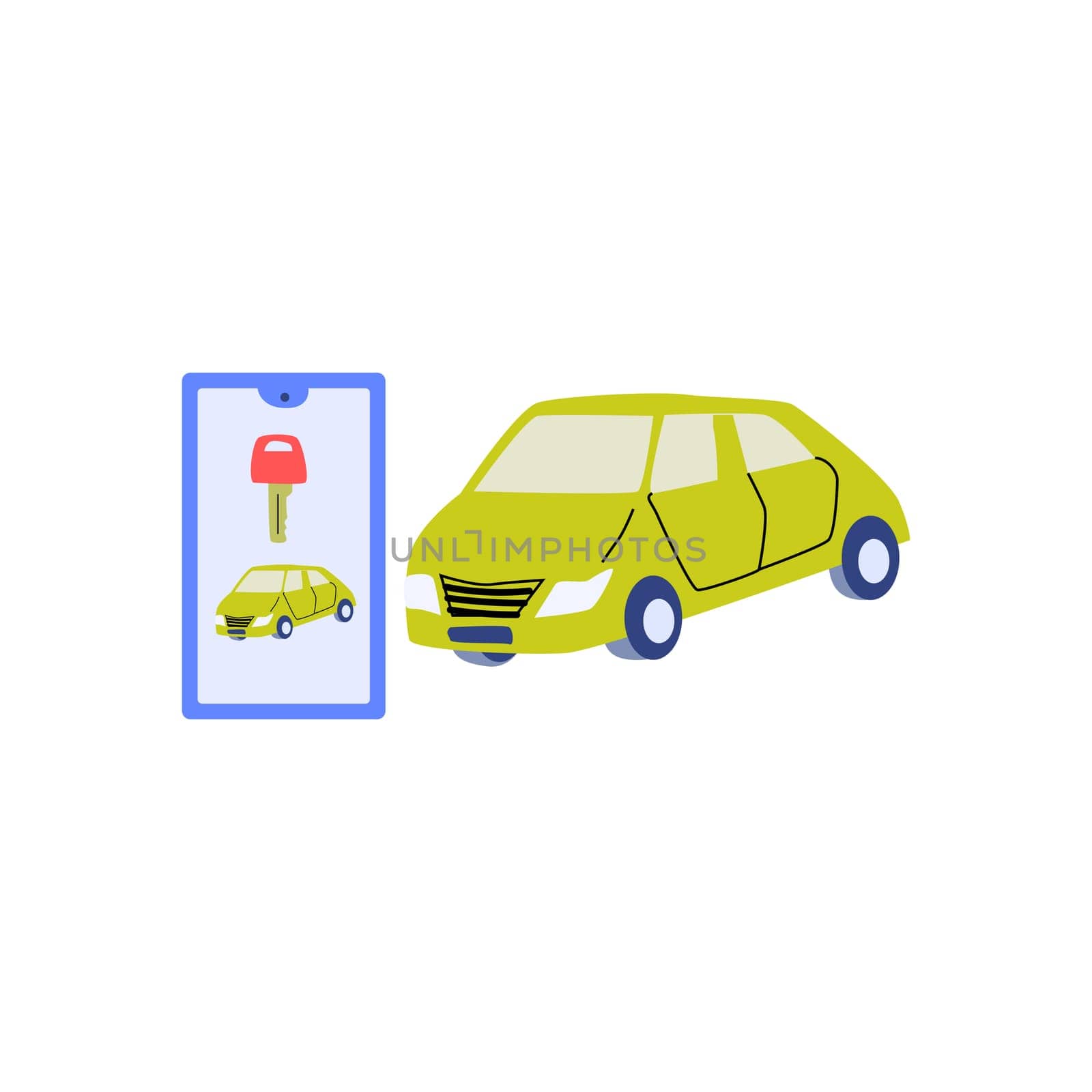 automobile vehicle and mobille app with automobile electronic key. Can used for car sharing servise, rent automobile concept.