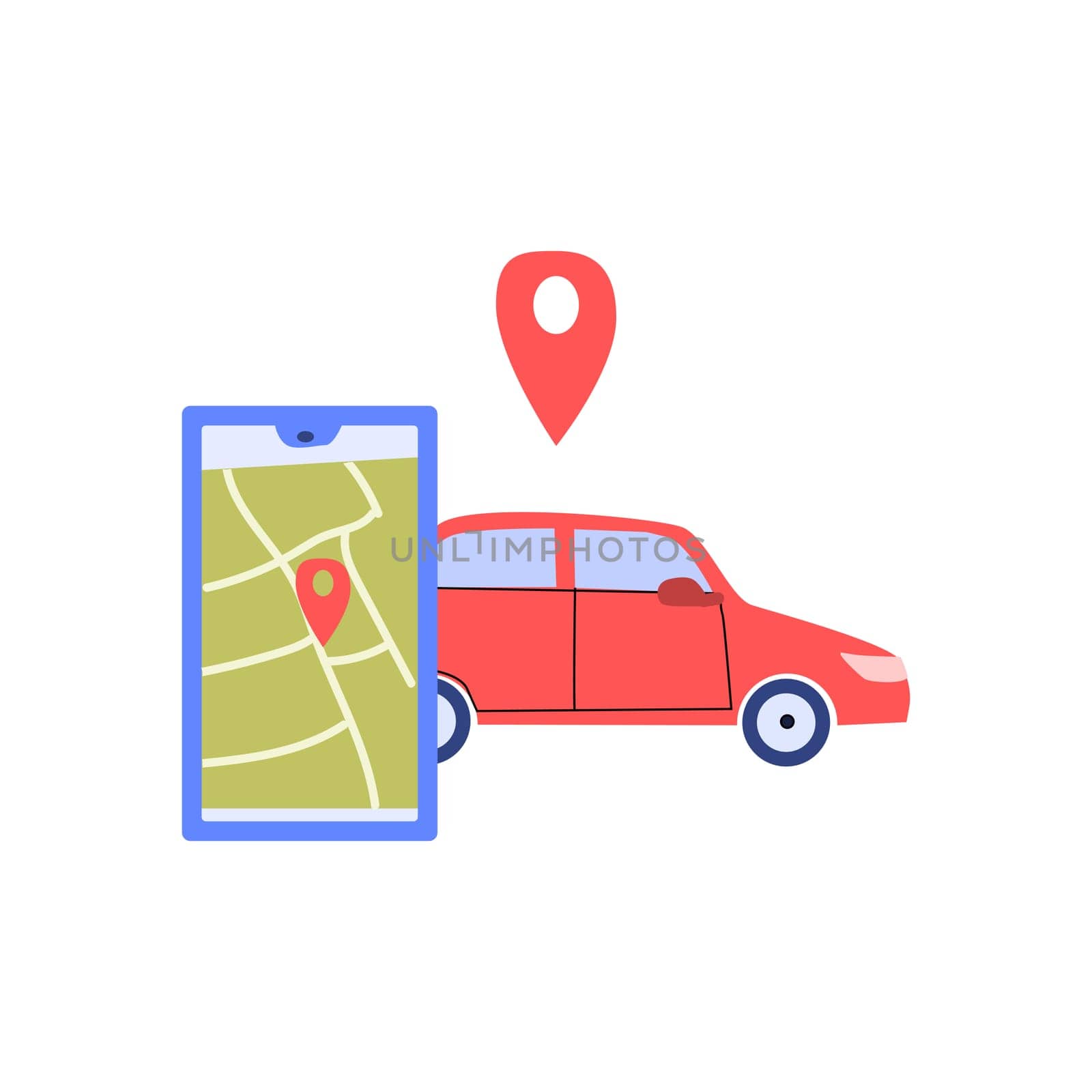 automobile vehicle and mobille app with map and location mark. Can used for car sharing servise, rent automobile concept.