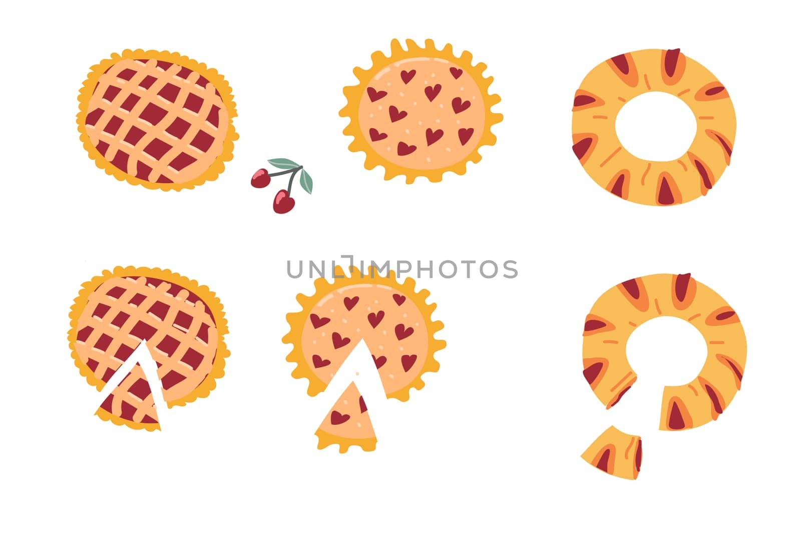 Hand drawn pie set with cheesecake, and berry pie, fish pie in different shapes. Vector illustration isolated. Set of pie with berry fruit feeling.