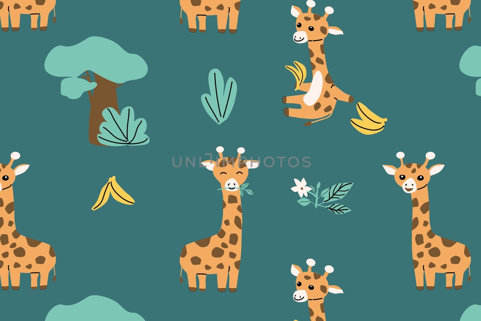 cartoon animals giraffe and tree, grass seamless pattern. Vector illustration