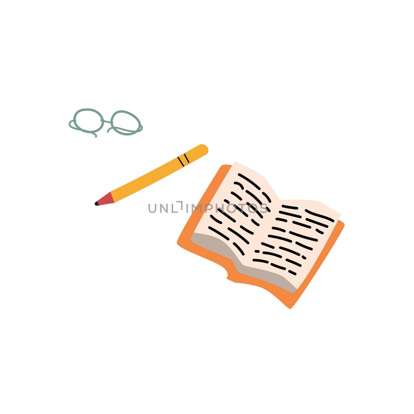 notebook, pen and glasses cartoon icons set. Vector illustration isolated. Retro vintage style. Can used for writing background. cartoon diary, book or notebook.