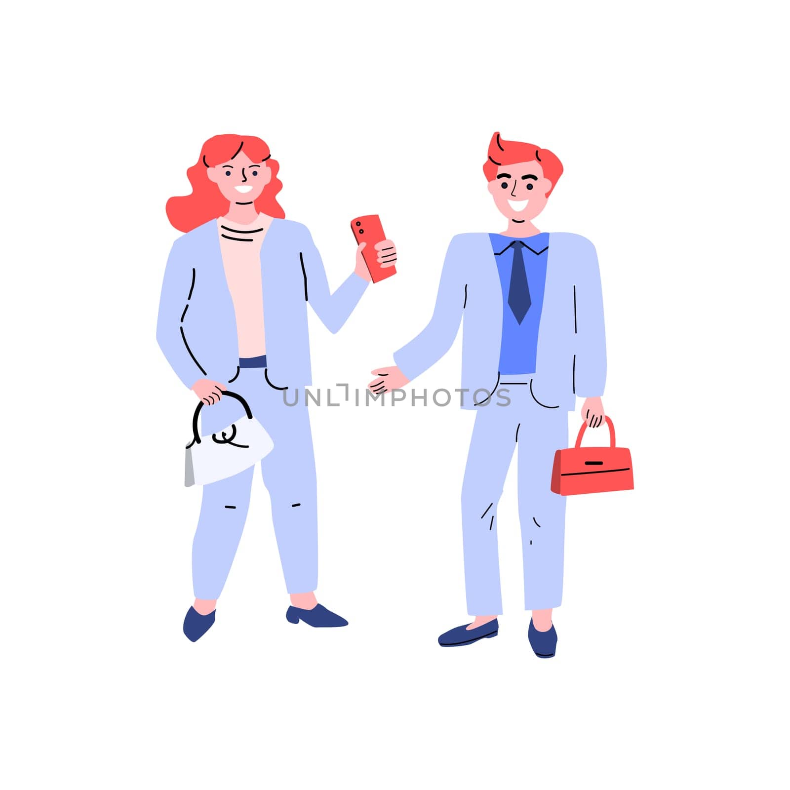 young woman and man in blue suit talking and standing. Vector illustration isolated. Can used for concept background, cards, posters.