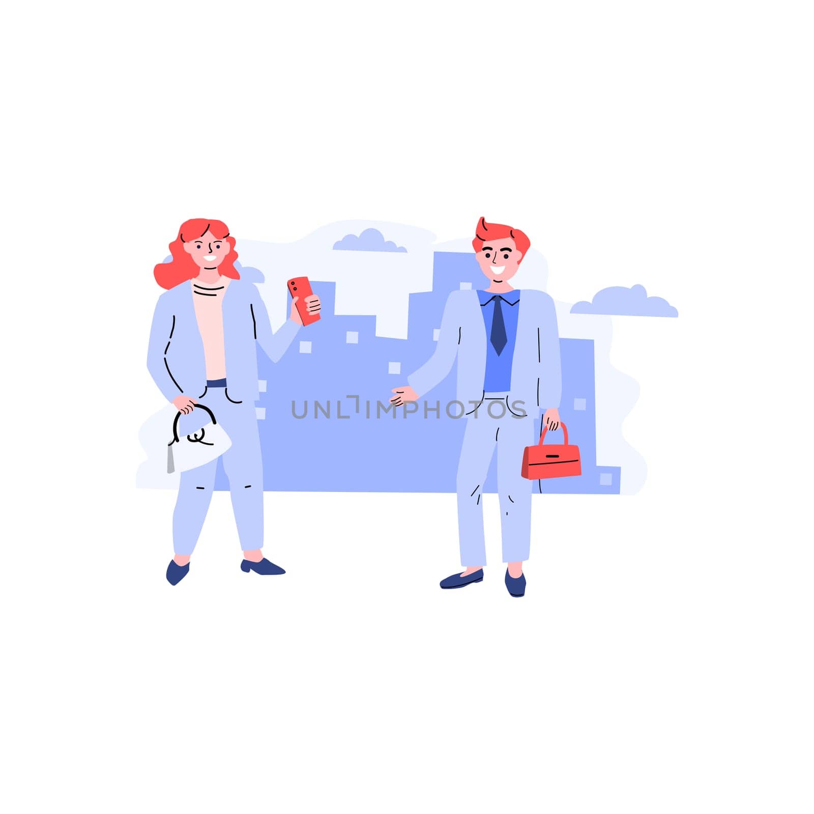 business meeting in city of young woman and man. Vector illustration isolated.
