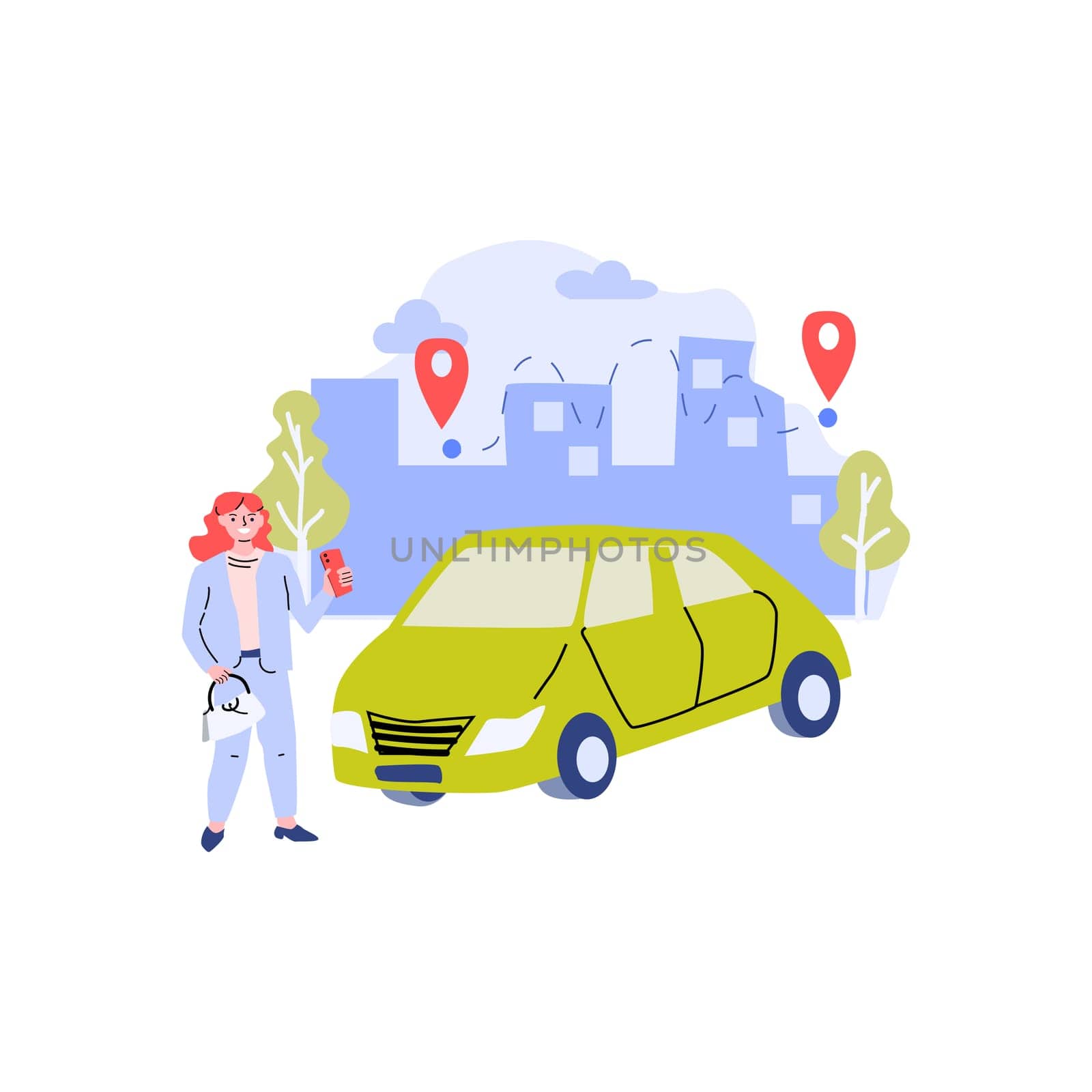 woman using mobile app for rent automobile vehicle, navigation mark in city. Vector illustration with car sharing concept.