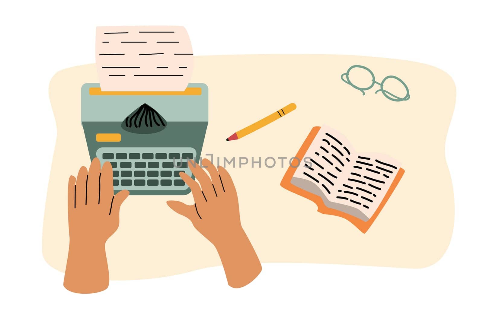 human hand writing on typewrite, working place, author, poetry concept. Vector illustration isolated. Retro vintage style. Can used for world writer. copywriter day banner.
