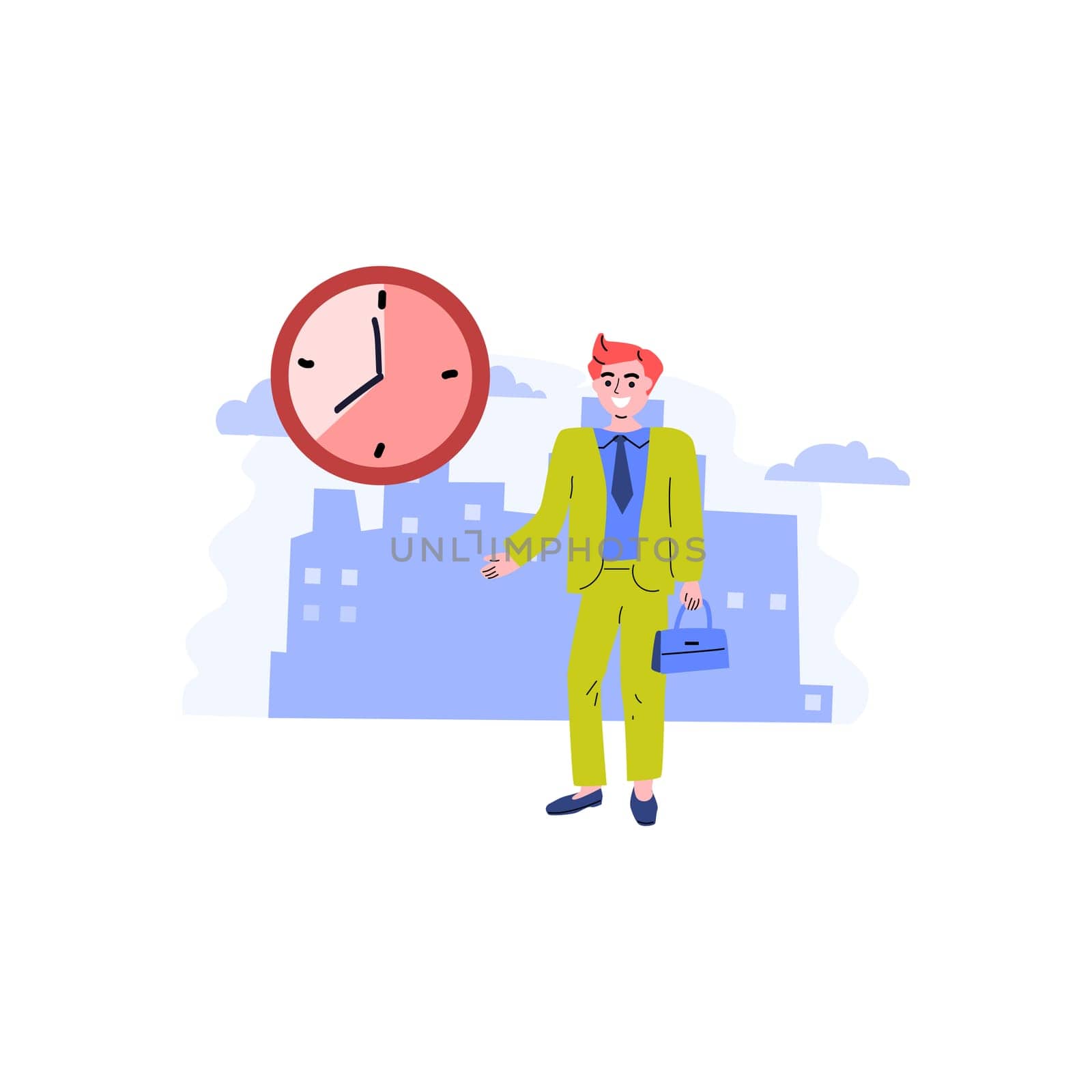 Business waiting - man in suit with clock standing. Vector illustration isolated. Cityscape horizontal background.