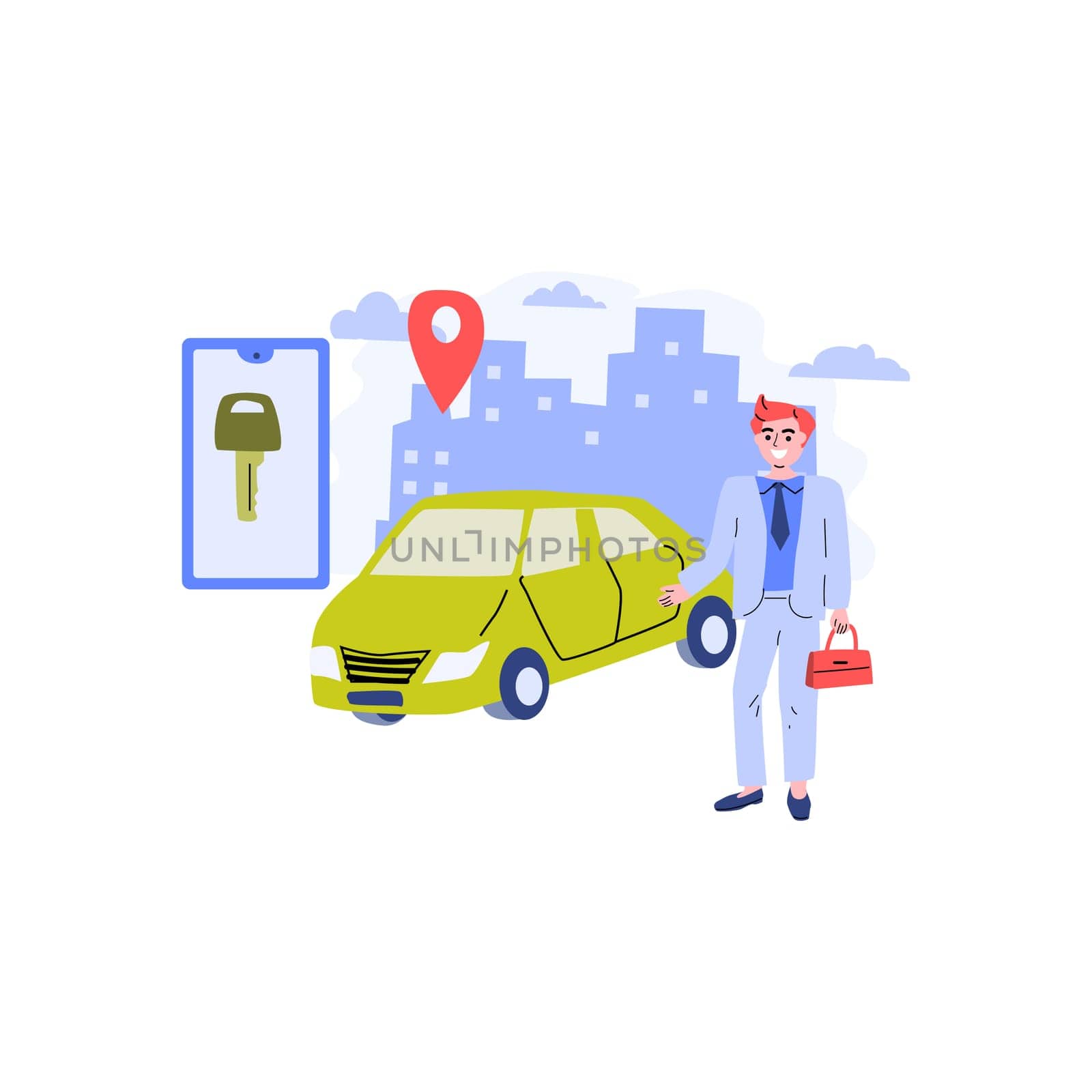 rent car sharing concept, transportation carsharing service . Vector illustration with modern cityscape background. man using mobile app ordering automobile vehicle with electronic key.