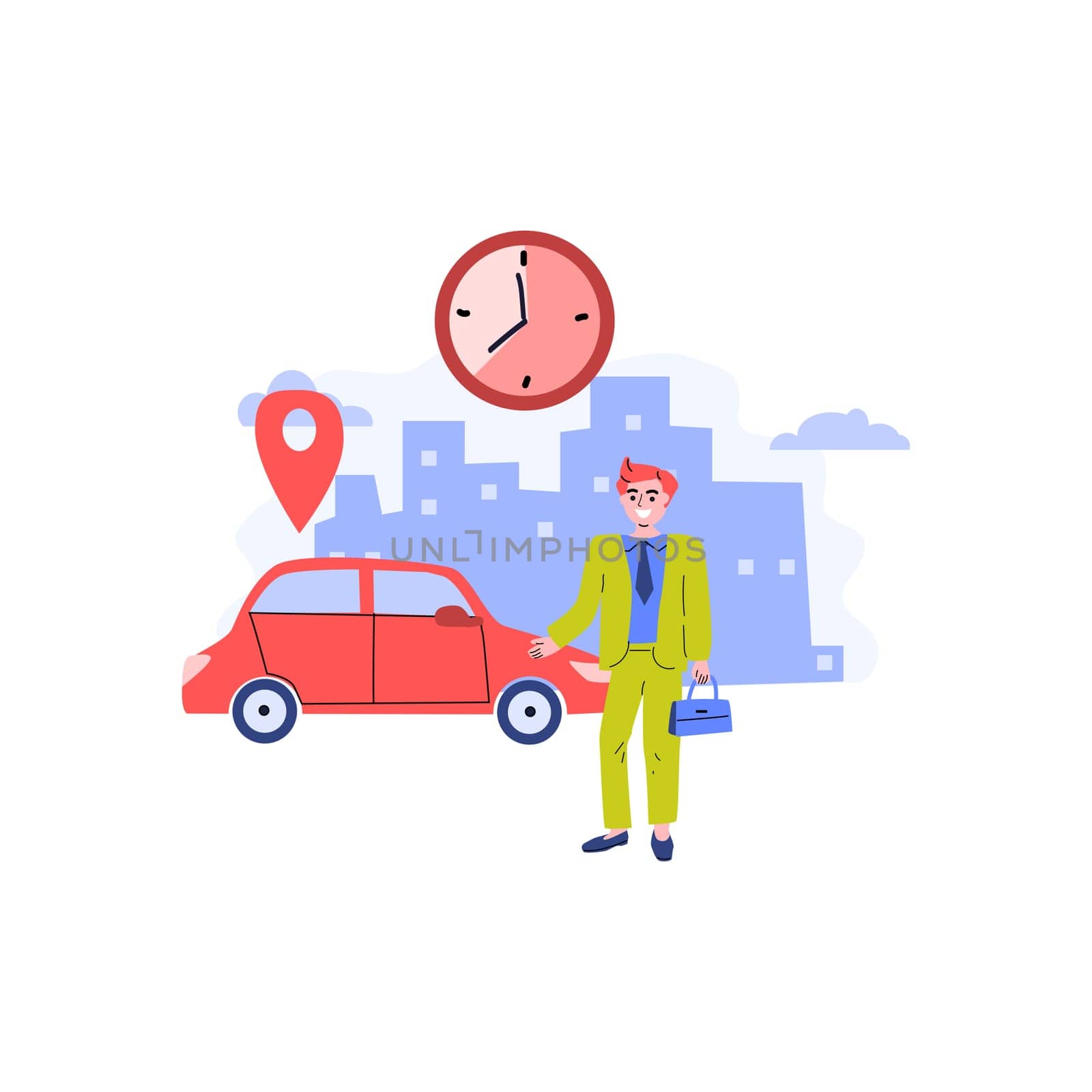 vector illustration with car sharing service with cityscape background. Vector illustration man using carsharing service. automobile vehicle with location mark. clock show using time.