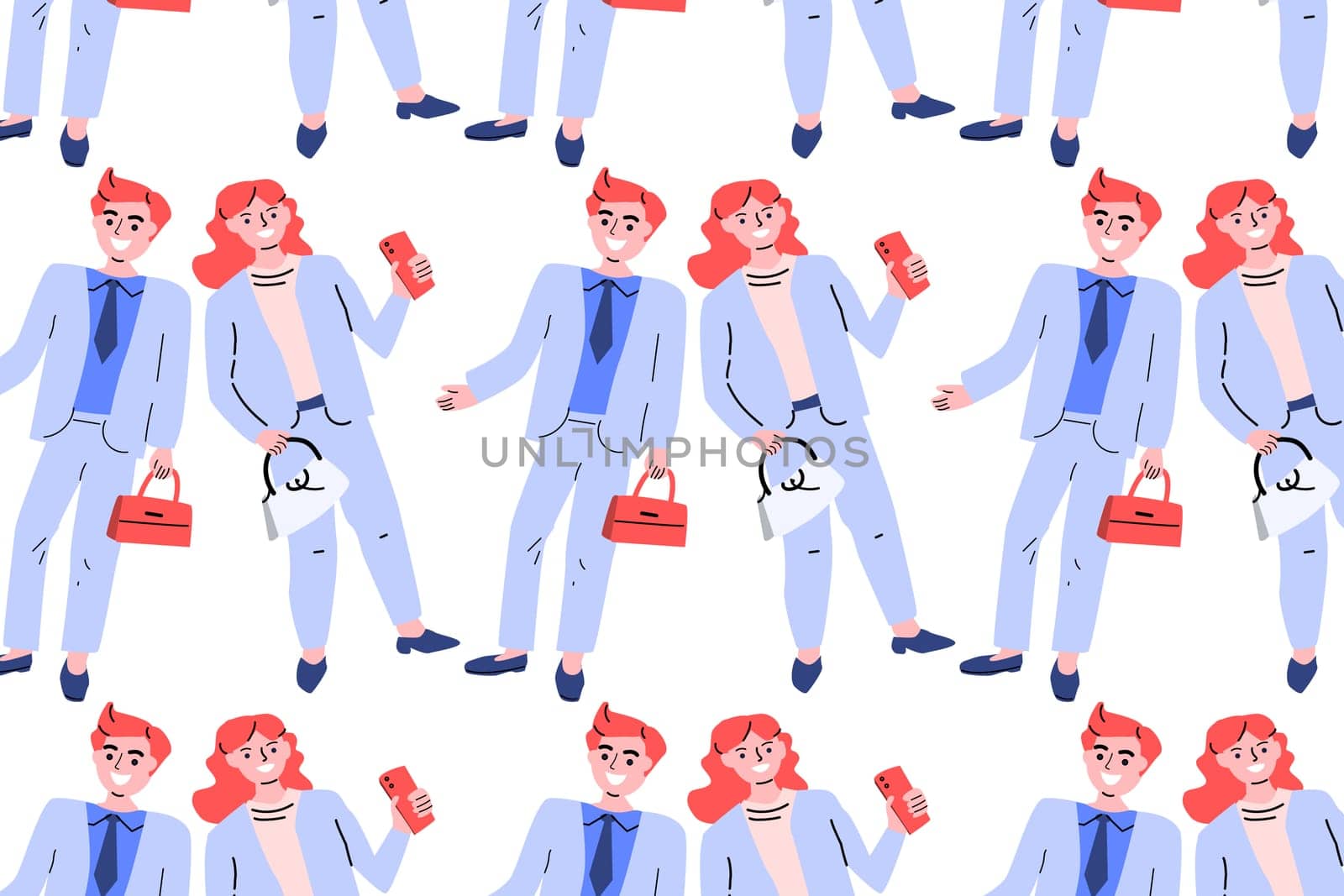 Seamless pattern of people. Man and woman are standing with suitcase. Smiling happy man, woman. Businessman, businesswoman. People in business and sports casual wear. Vector illustration