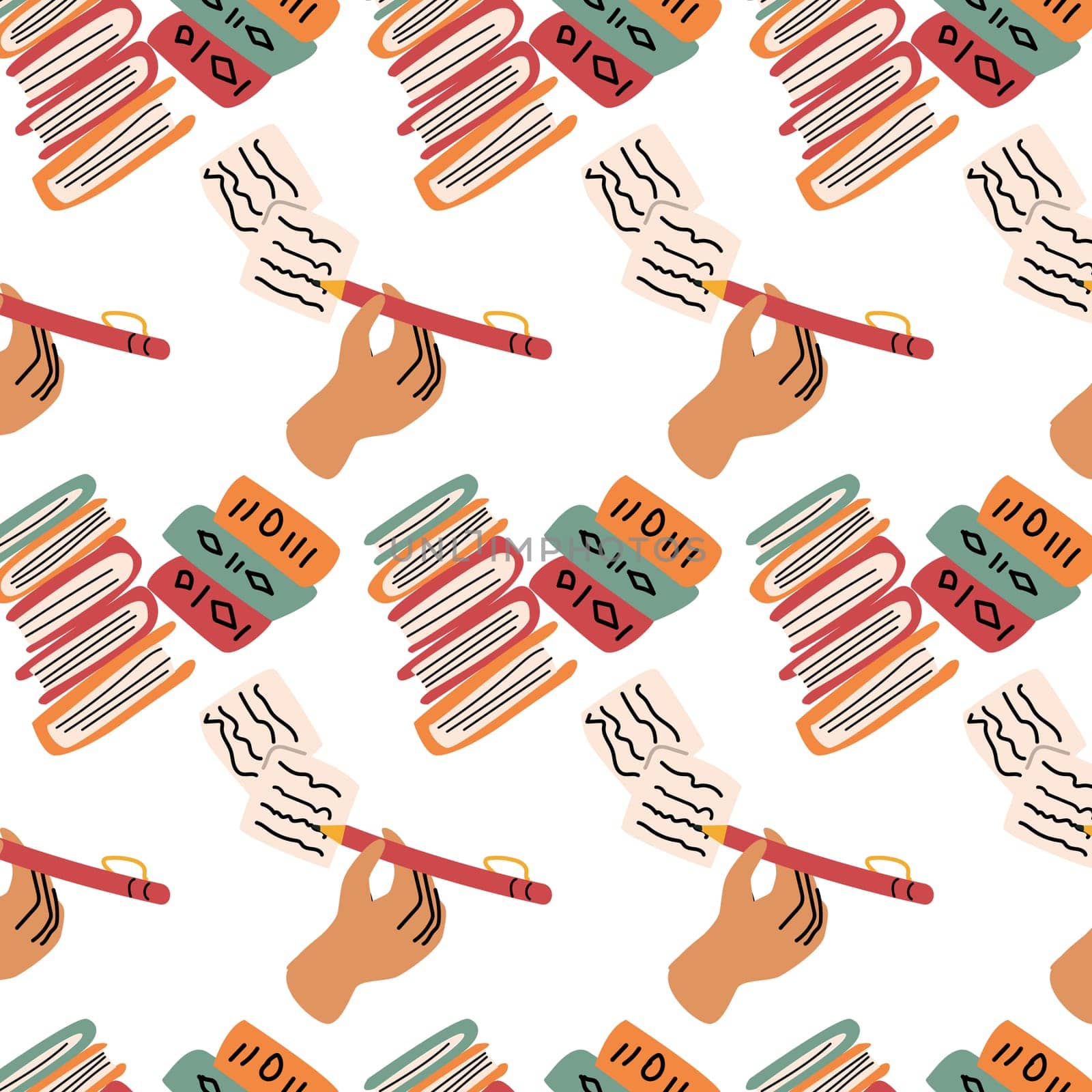 human hand writing and books seamless background. Vector illustration