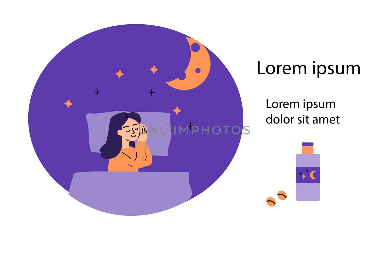 cartoon sleep woman in bedtime with sleeping pills. Set of items for good sleep - sleeping pills.