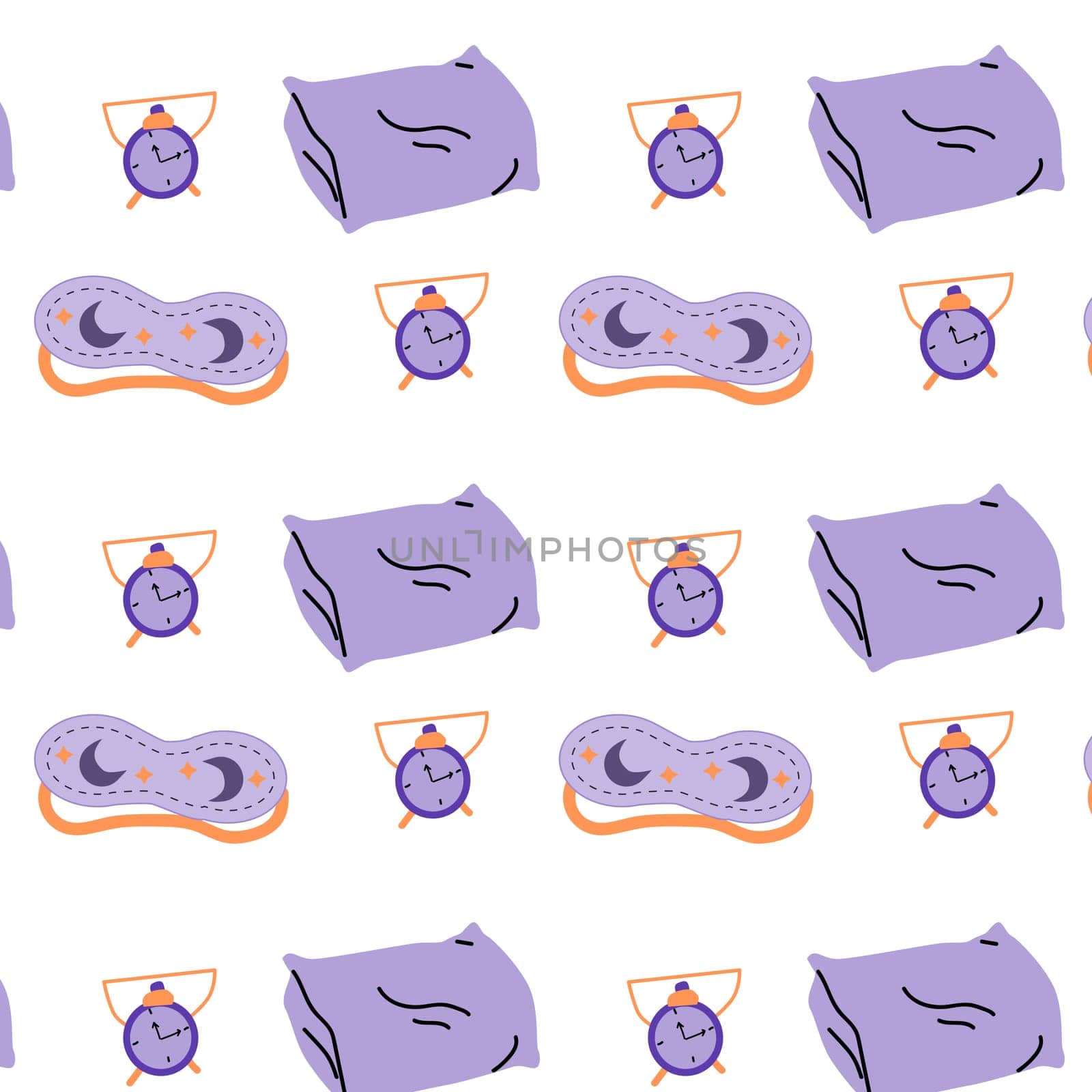 cartoon pillow, alarm and sleeping mask vector background. Vector illustration isolated. Suitable for textile, wrapping paper, poster.