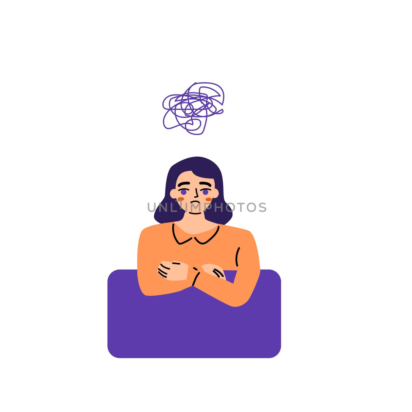 Young woman with mental problem in brain, woman with mental disorders. Psychology concept. Colorful vector illustration.