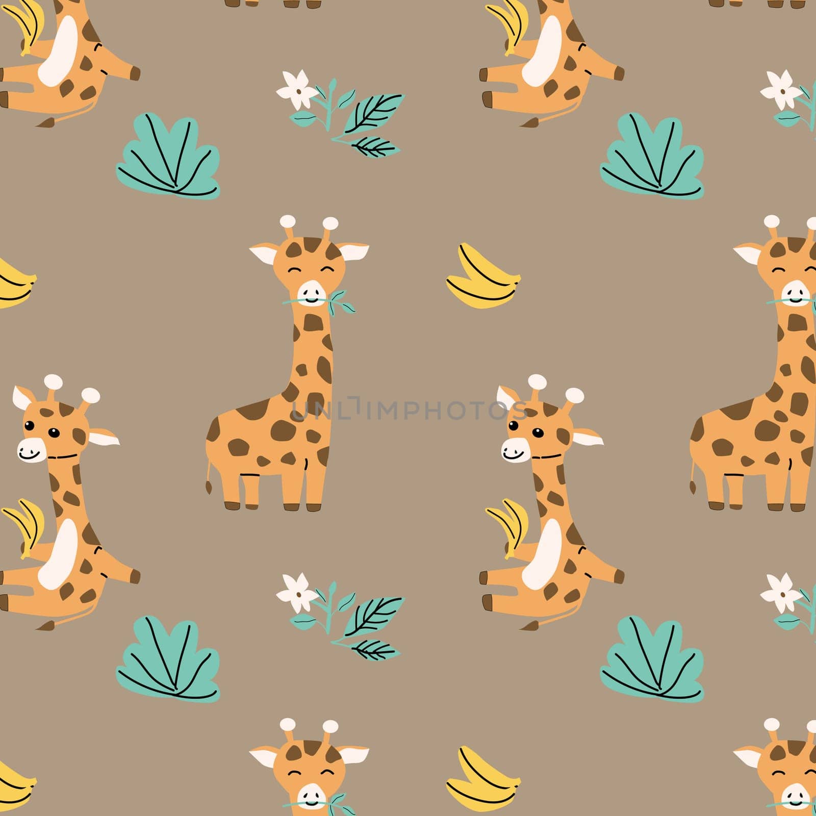 seamless baby background - giraffe and tropical leaves, banana.