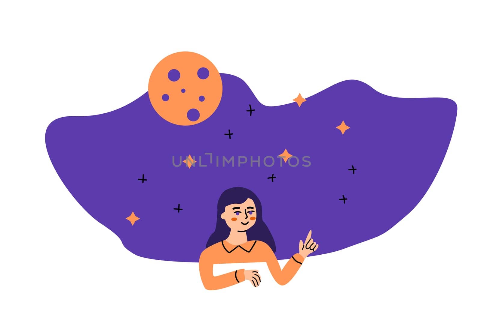 Space education banner with young girl or woman. Woman points to the stars and moon space education banner. Vector illustration isolated.