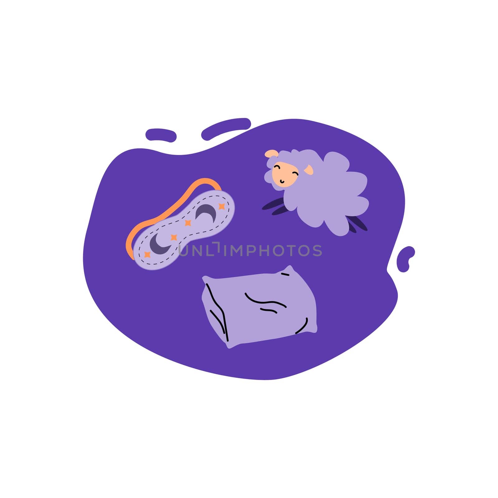 sleeping mask, pillow and sheep on violet spot. Vector illustration isolated.