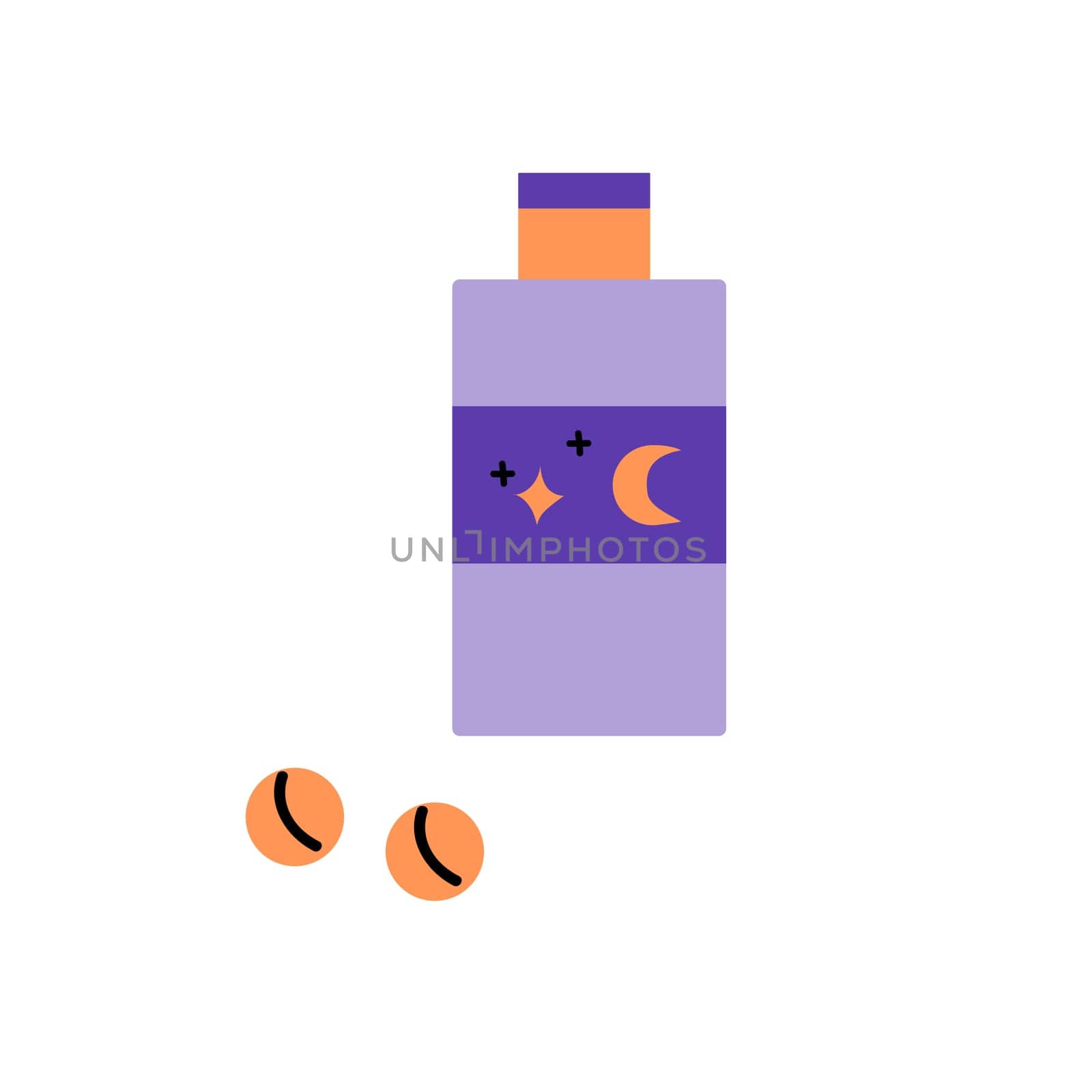 cartoon pills for good sleep vector illustration. Vector illustration isolated. Moon and star on label.