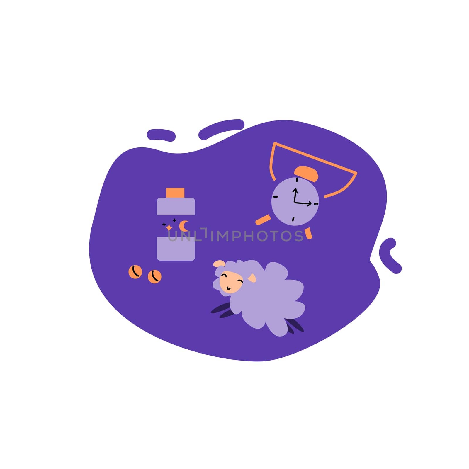 pills for sleep, sheep and alarm cartoon background. Vector illustration isolated.