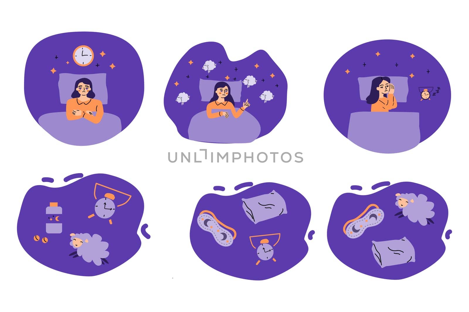 set of cartoon asleep woman in bedtime with insomnia and stress. Set of items for good sleep - sleeping mask, pillow, pills for sleep, alarm.