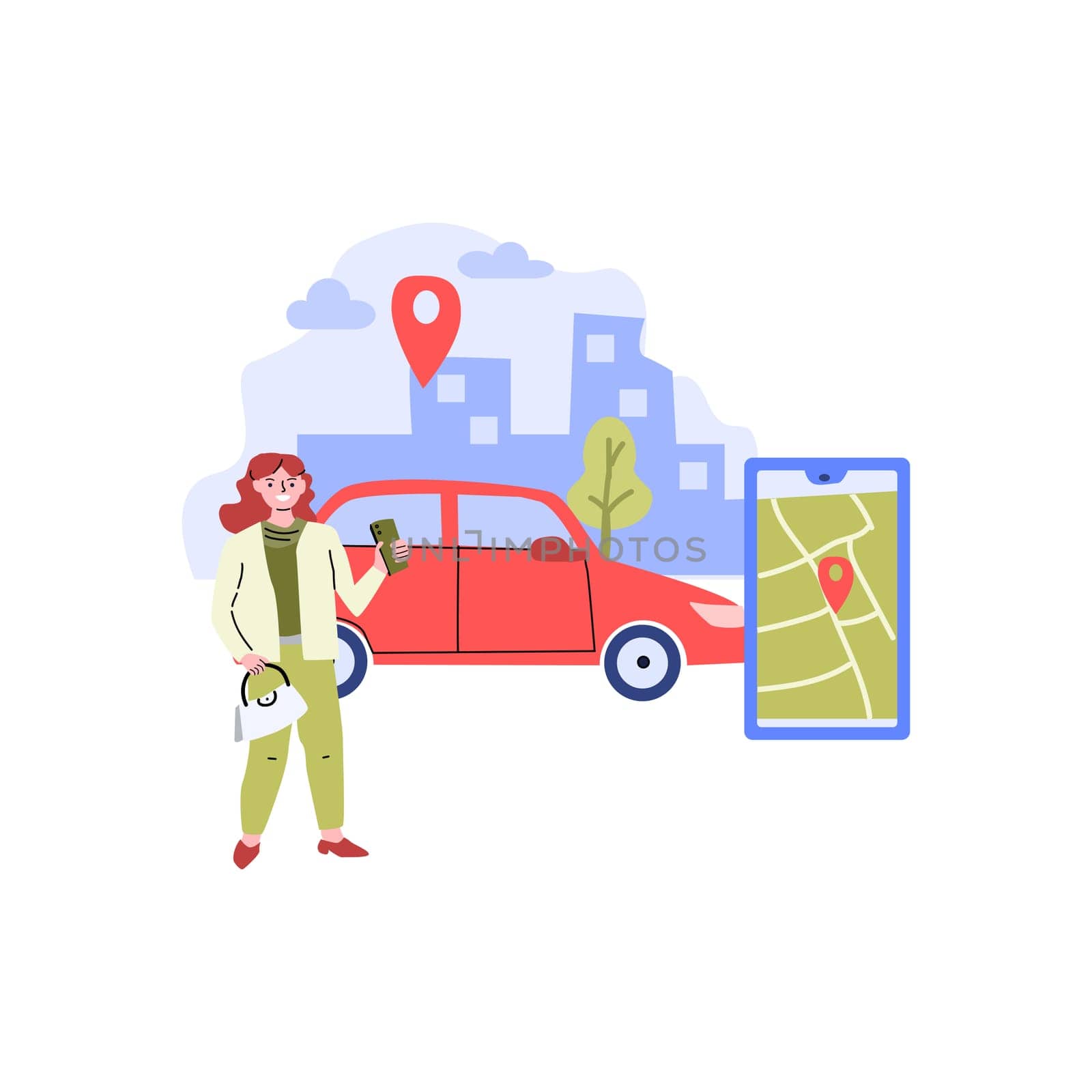 rent car sharing concept, transportation carsharing service . Vector illustration with modern cityscape background. woman using mobile app ordering automobile vehicle with location mark.