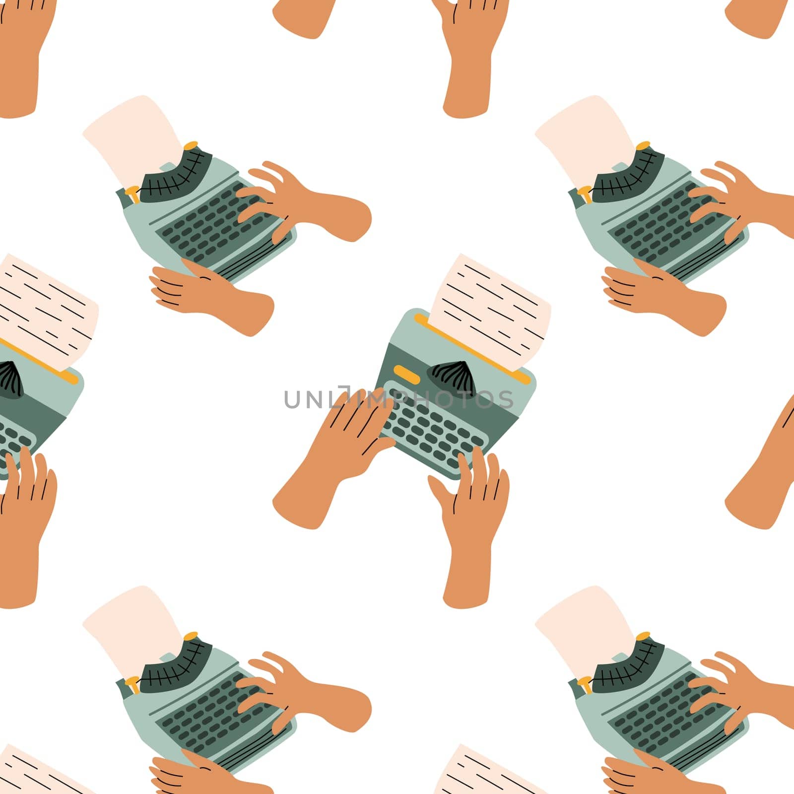 human hand writing on typewrite, author background. Vector illustration isolated. Cartoon seamless pattern with typing hands on old typewriter, vintage background.