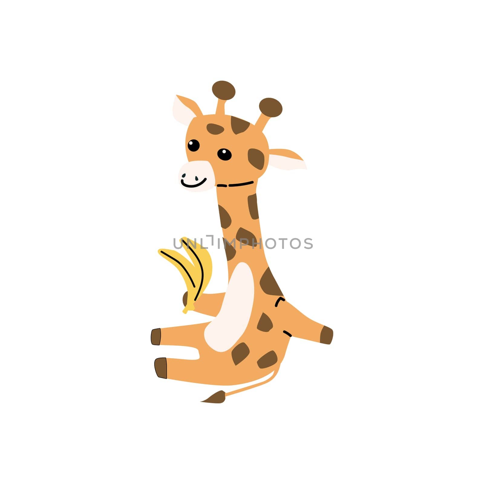 cute african animal giraffe sitting with banana - cartoon character. Vector illustration can used for baby background, wallpaper, greeting card, postcard.