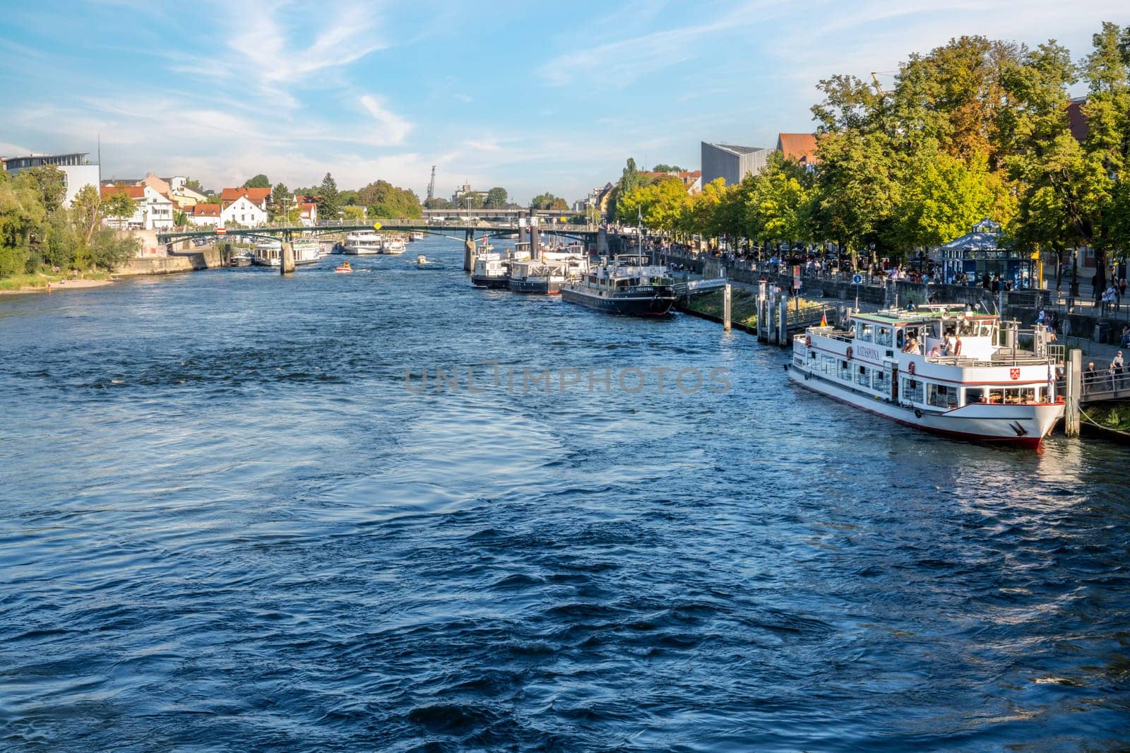 REGENSBURG, GERMANY September 16 - Ships at the Dnuber river in Regensburg, Germany on September 16, 2023.