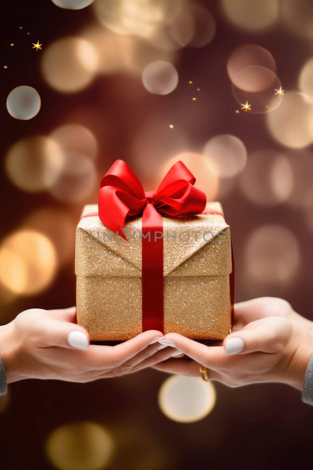 A person holding a beautifully wrapped present box with a vibrant red bow.