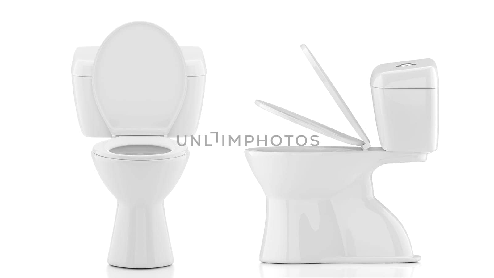 Front and side view of white toilet bowl with lid open on white background